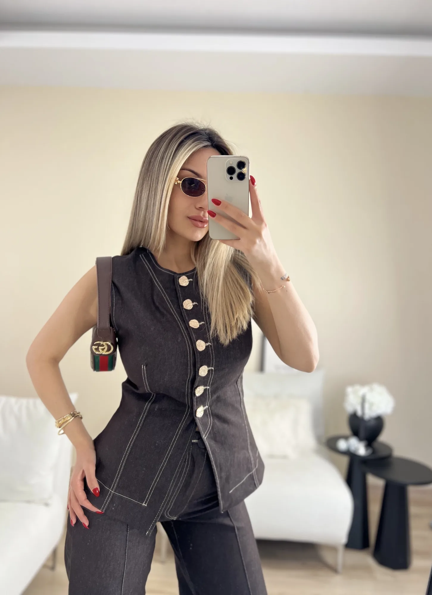 Denim kahverengi gold düğme detaylı yelek