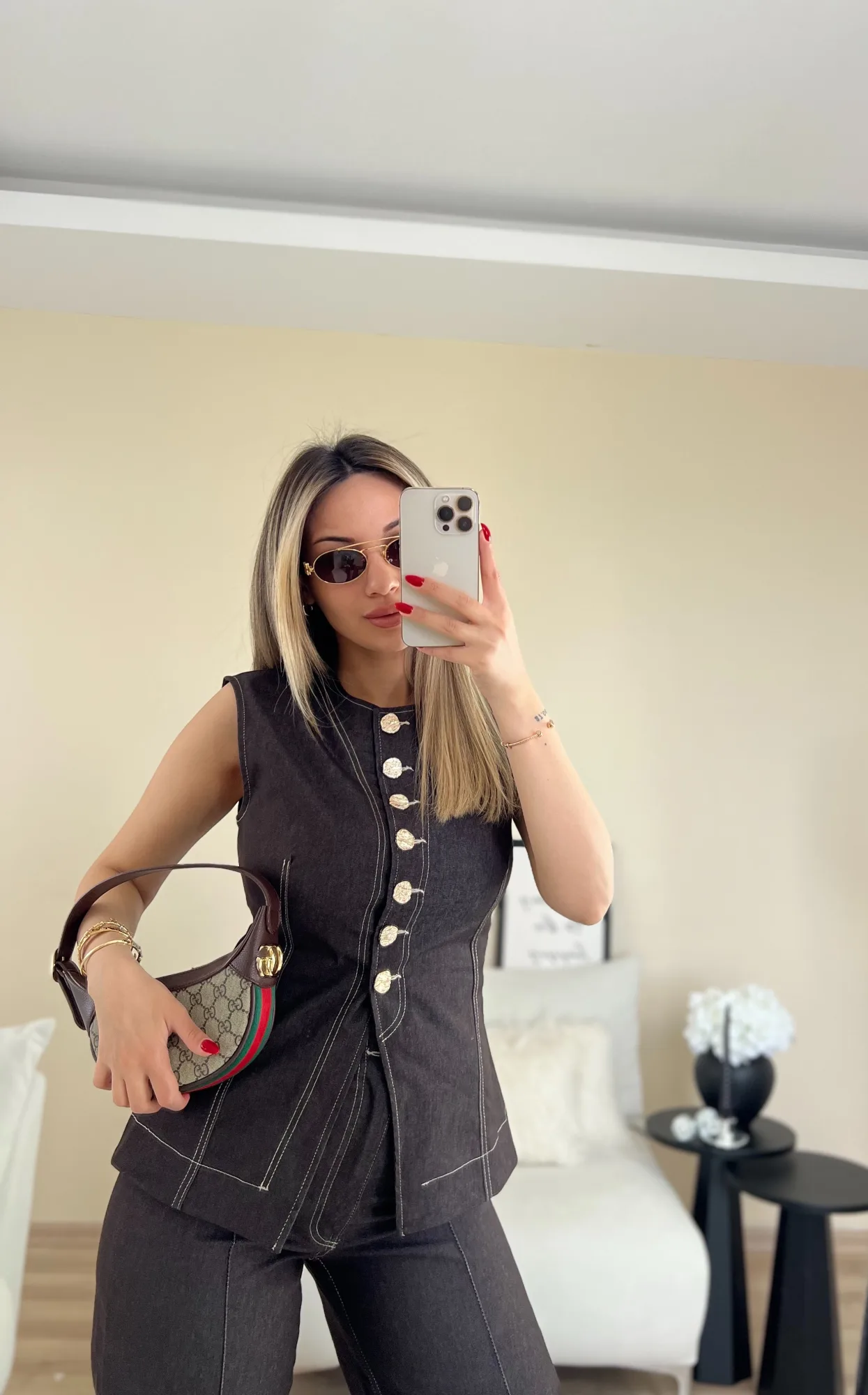 Denim kahverengi gold düğme detaylı yelek 4