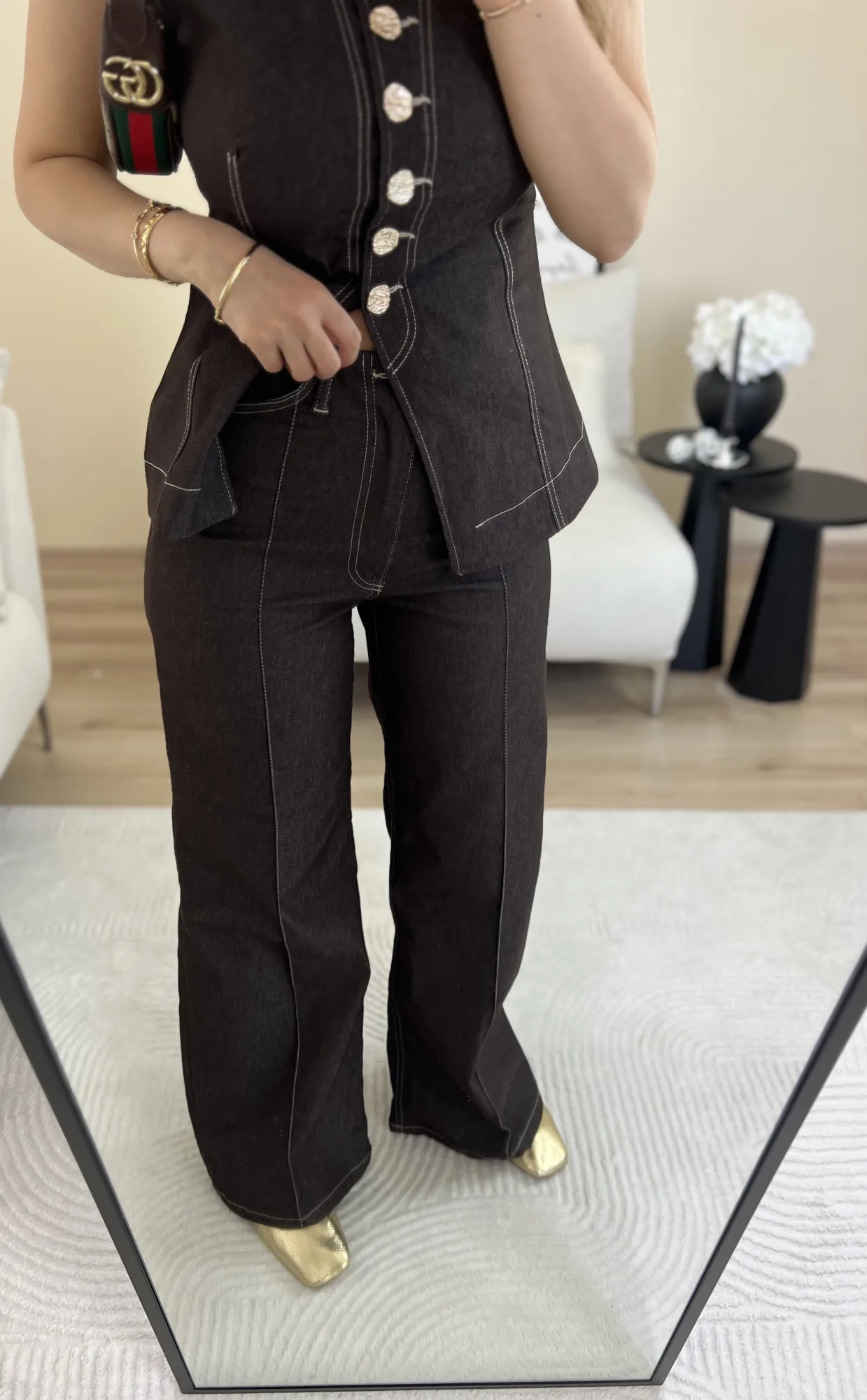 Denim kahverengi Jean pantolon