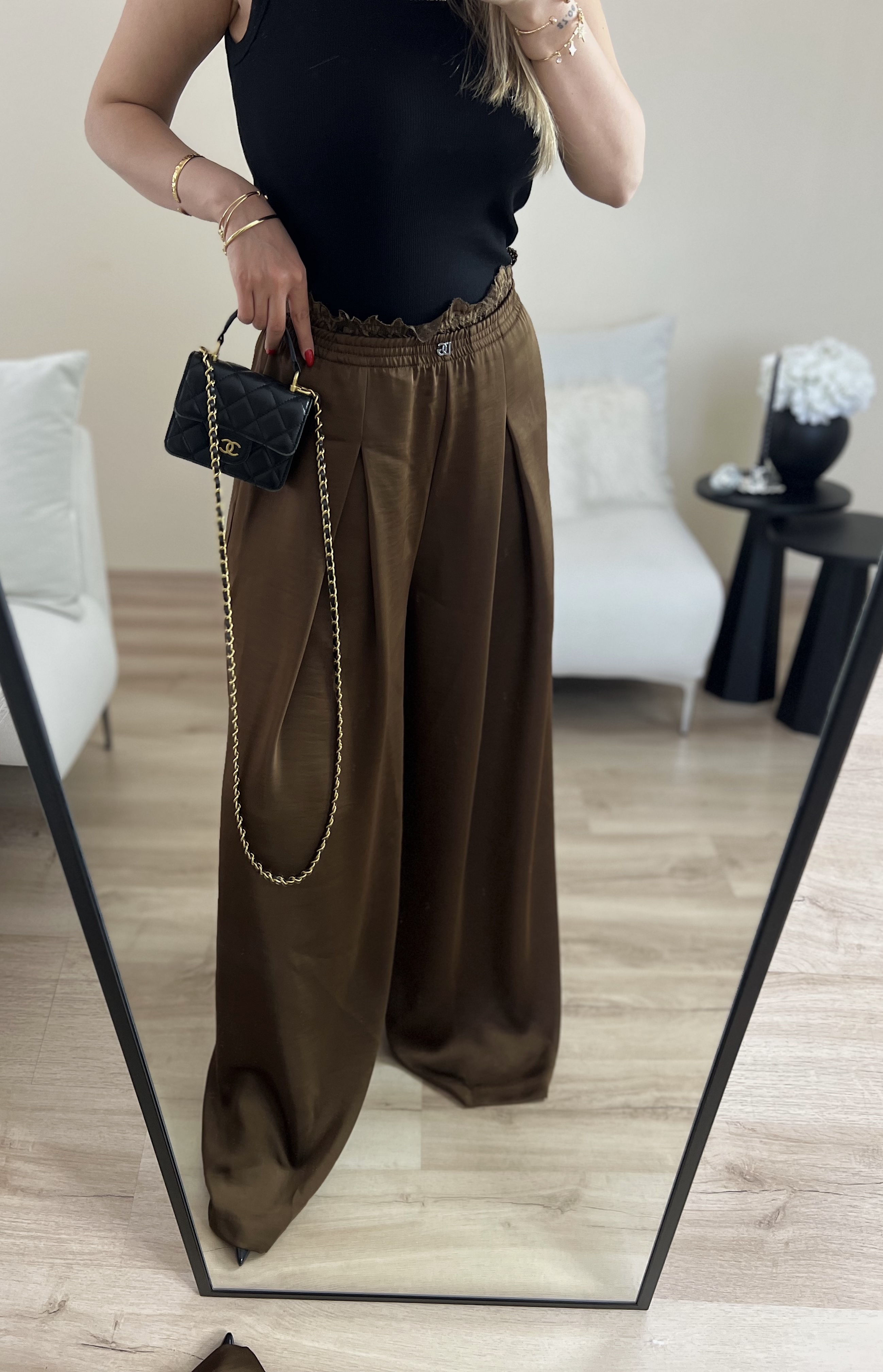 PREMIUM SATEN DÖKÜMLÜ PANTOLON - KAHVERENGI