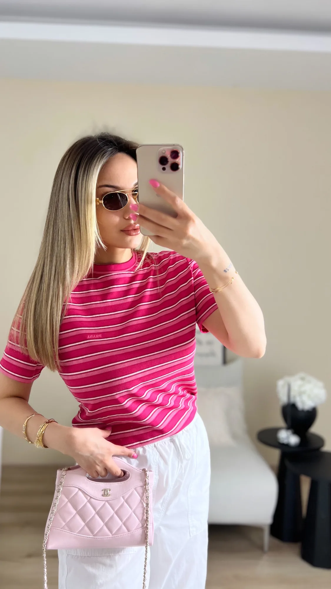 Çizgili premium pembe bluz