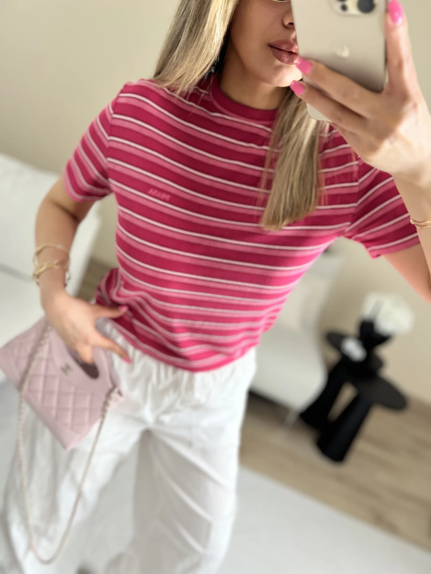 Çizgili premium pembe bluz 2
