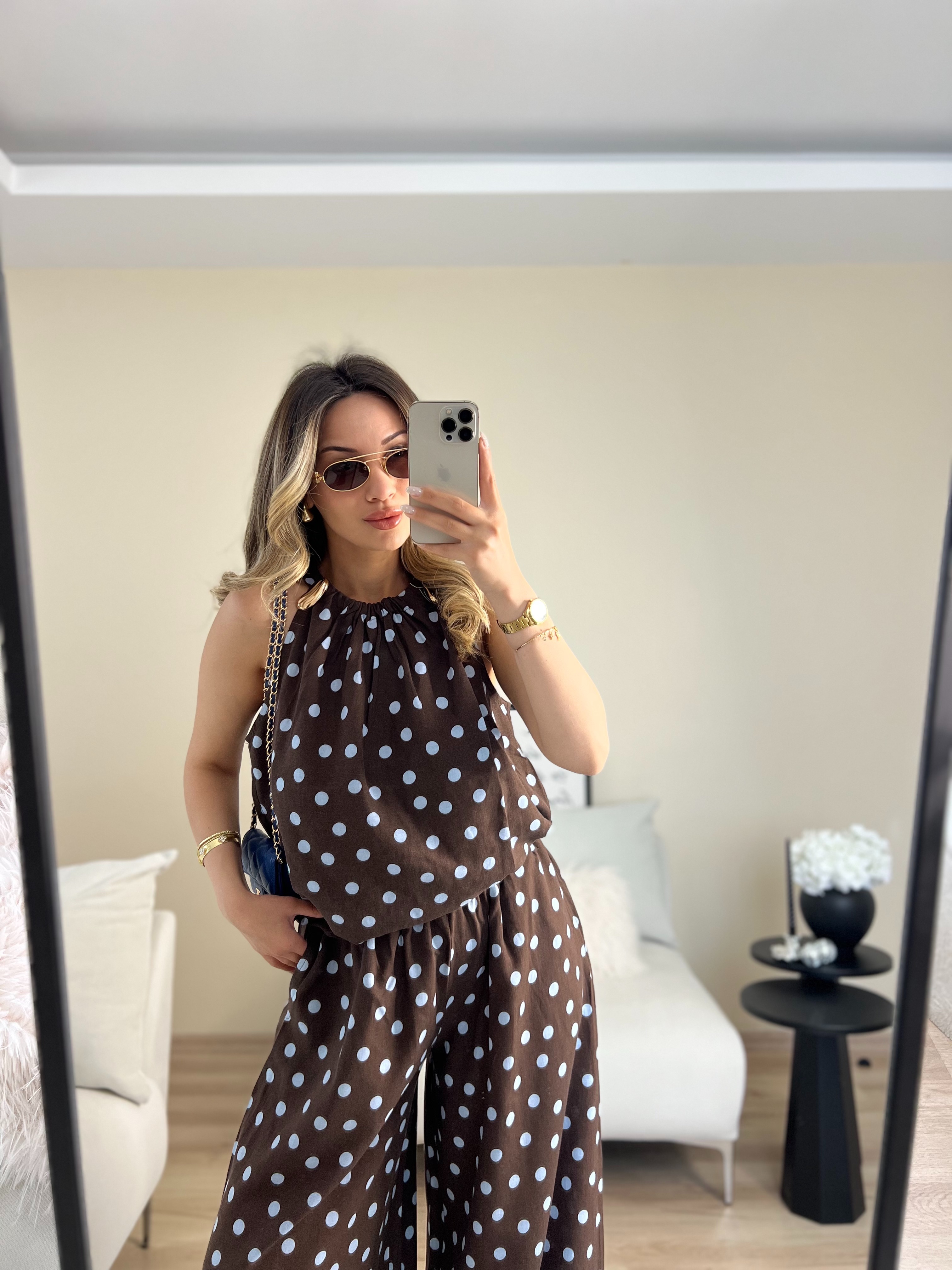 Puantiye desen şalvarlı bluz takım - Kahverengi