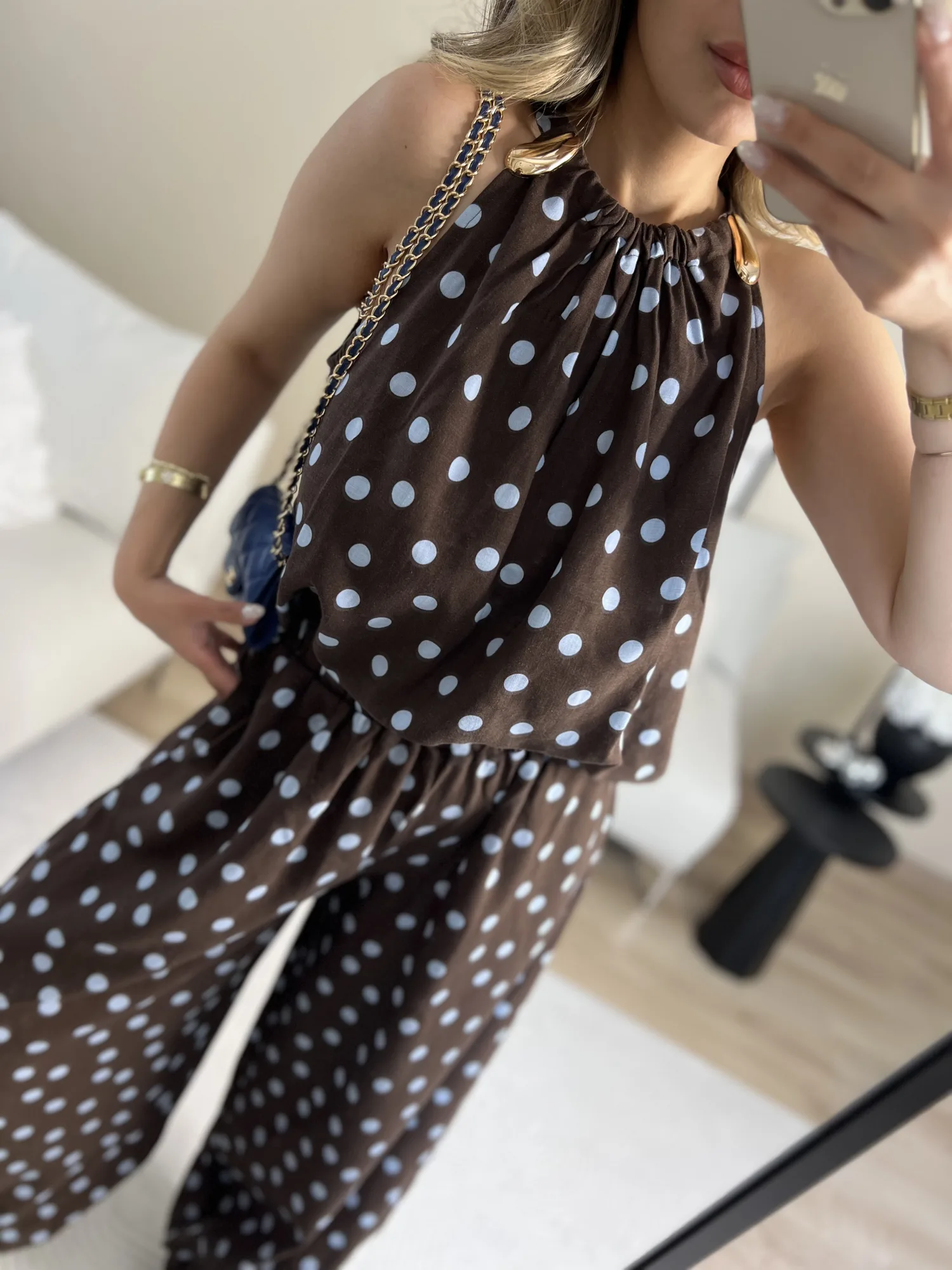 Puantiye desen şalvarlı bluz takım 3