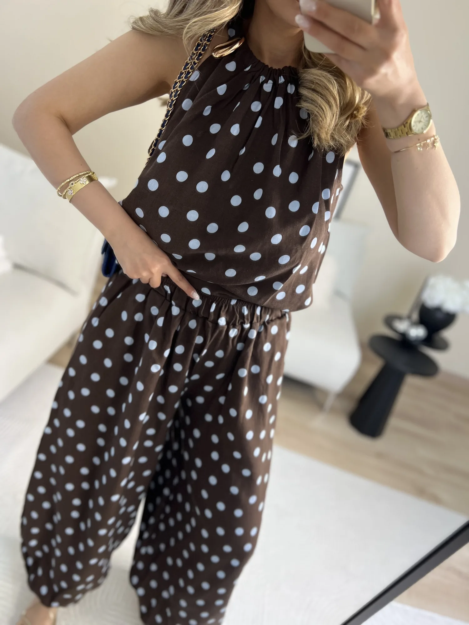 Puantiye desen şalvarlı bluz takım 4